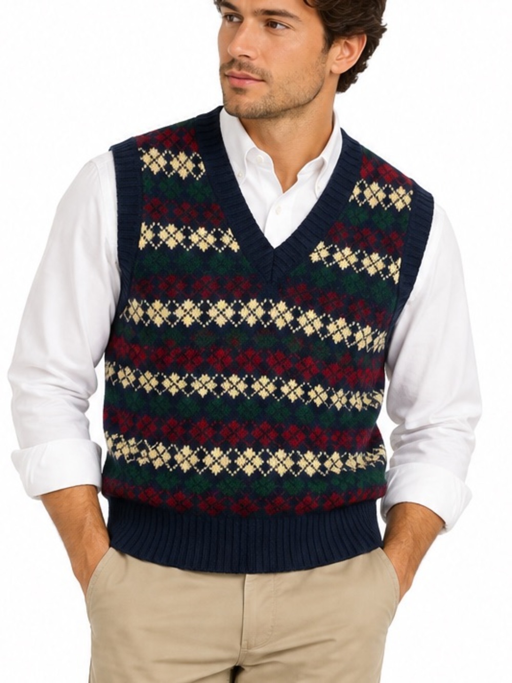 Westchester Classics Fair Isle Wool Sweater Vest M Navy V Neck Vintage Preppy